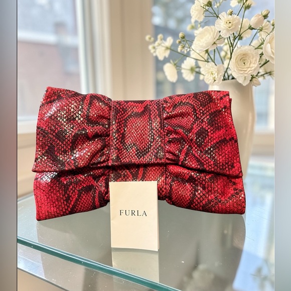Furla EUC Red and Black Snake-Print Bow Clutch - Picture 11 of 11